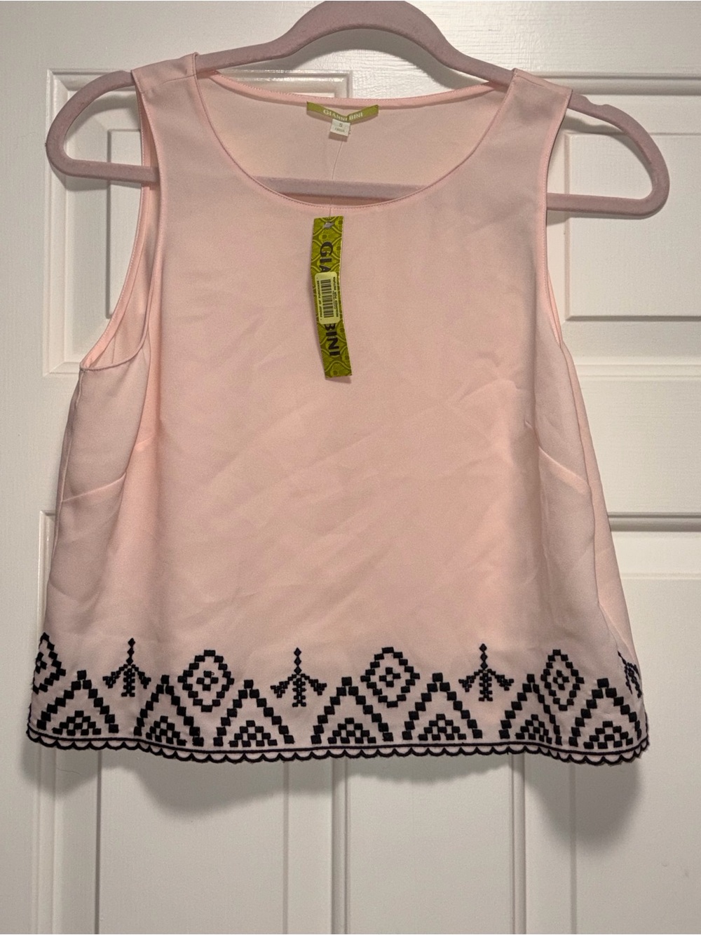 Gianni Bini Light Pink Boho Tank with Black Embroidered Hem